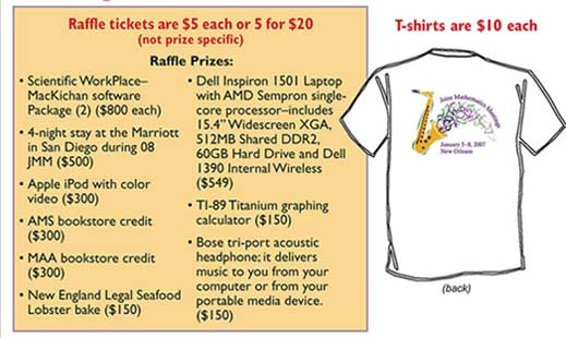 T-shirts are $10 each - Raffle tickets are $5 each or 4 for $20 (not prize specific). Prizes are Scientific Workplace MacKichan software, Dell inspiron 1501 Laptop,4-night stay at Marriott at 2008 JMM, ti-89 titanium graphing calculator,apple ipod with color video,ams bookstore credit $300, maa bookstore credit $300,bose tri-port acoustic headphones,New England Legal Seafood lobster bake,ti-89 titanium graphing calculator